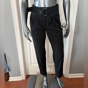 Black Pleated Belted Ankle Length Cotton Pants
